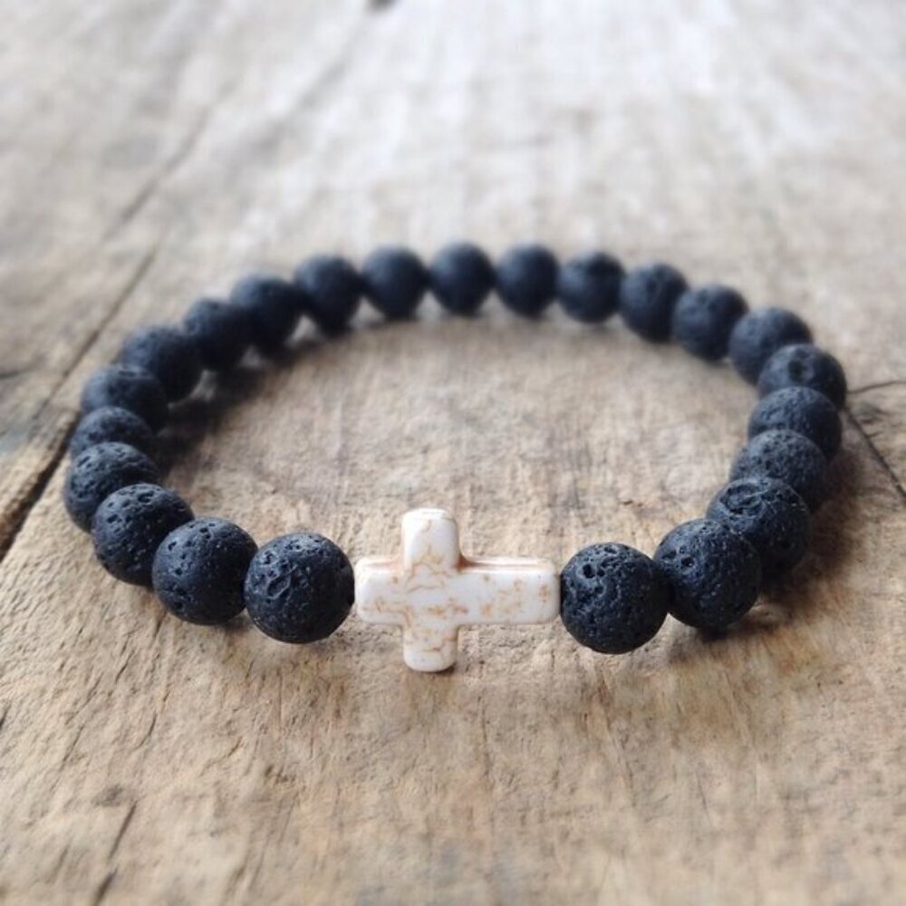 White Cross Black Lava Stone Beaded Bracelet 8mm beads - Size 8 inches
